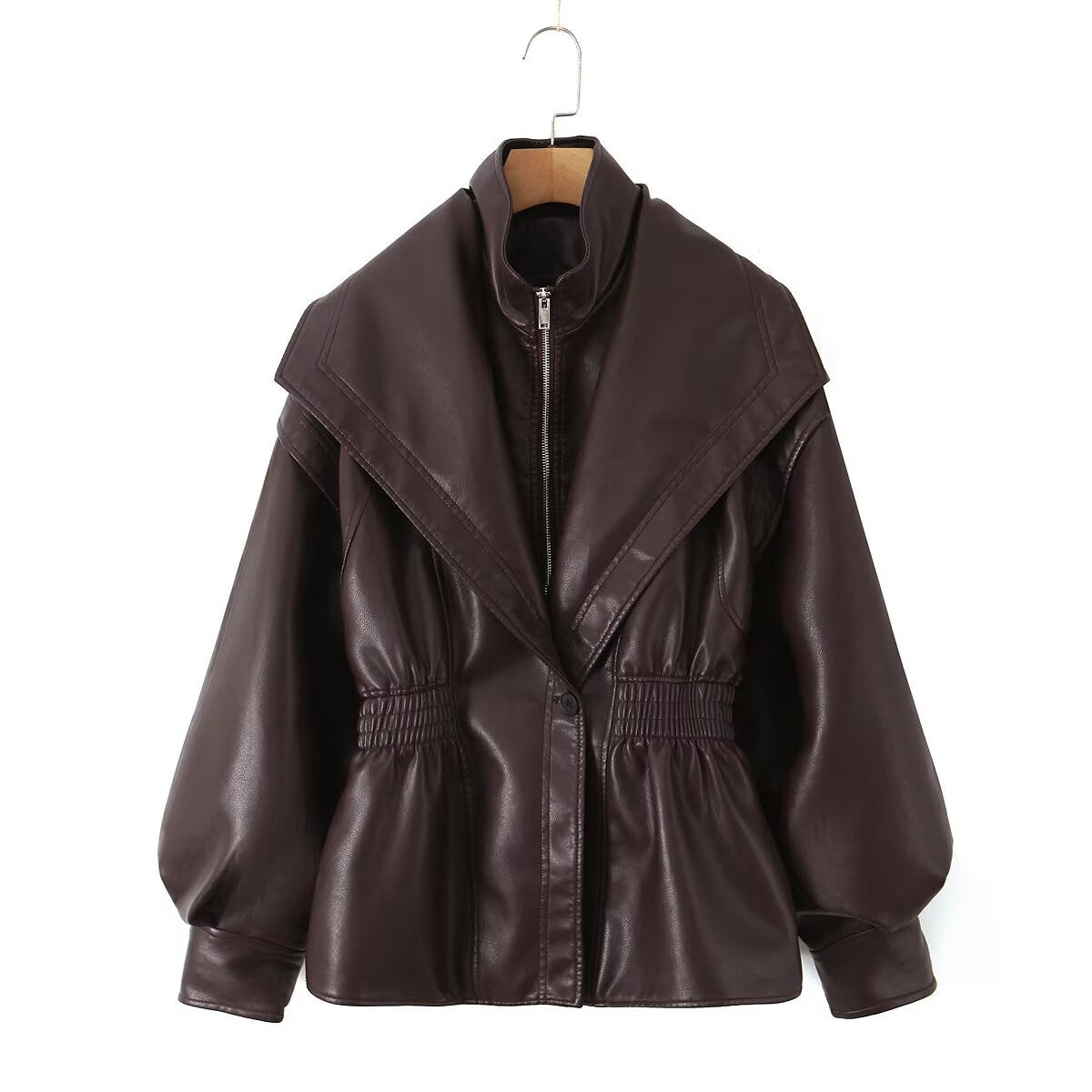Women's faux leather jacket with XXL shawl collar, waist elastic and balloon sleeves Fashion Glam