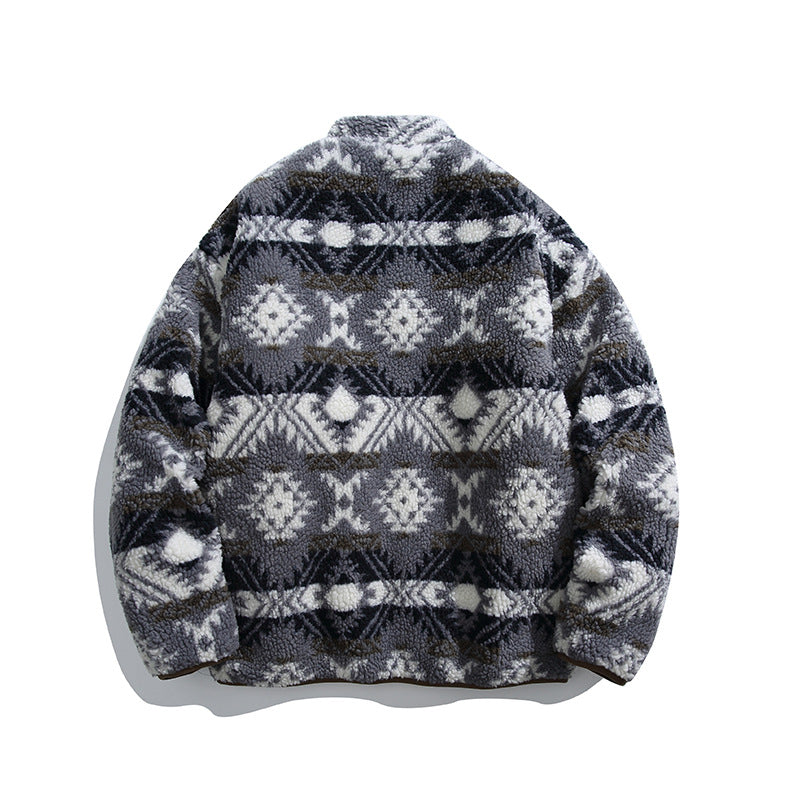 Unisex teddy fleece jacket in tribal pattern with stand-up collar and continuous zipper Fashion Glam