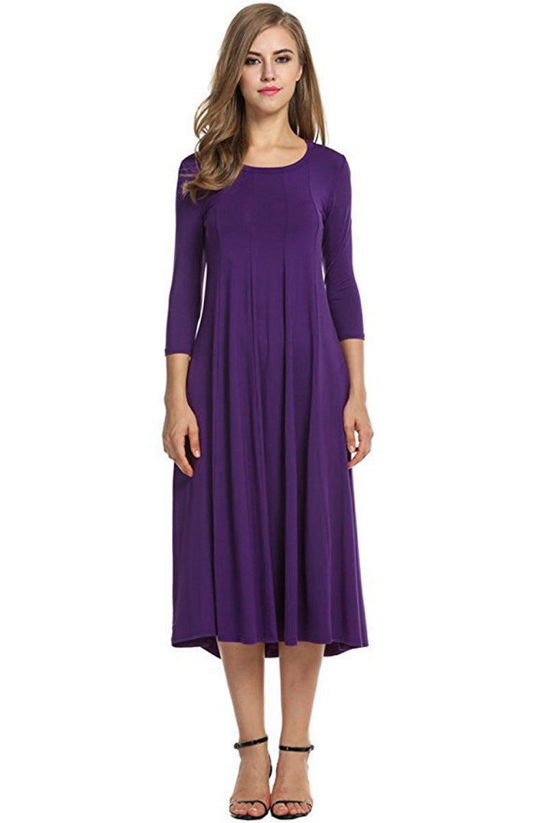 Women's Long A-Line Midi Dress made of Stretch Jersey with Three-Quarter Sleeves and Side Pockets Fashion Glam