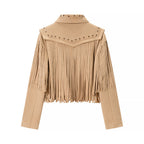 Women's short fringed jacket made of suede look with zipper and studded embellishment Fashion Glam