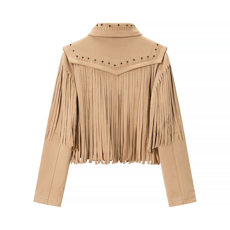 Women's short fringed jacket made of suede look with zipper and studded embellishment Fashion Glam