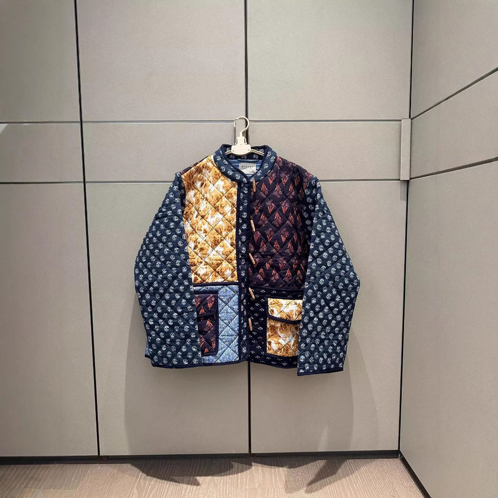 Women Padded Patchwork Quilted Jacket with Toggle Closures and Patch Pockets Fashion Glam