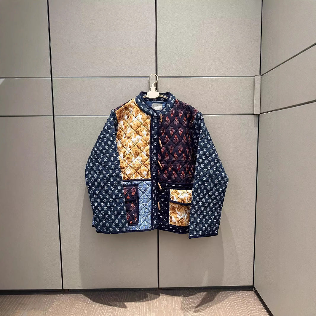 Women Padded Patchwork Quilted Jacket with Toggle Closures and Patch Pockets Fashion Glam