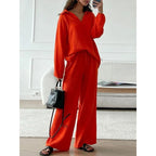 Women's Lightweight Crinkle Lounge Set with V-Neck and Wide High-Waist Pants Fashion Glam