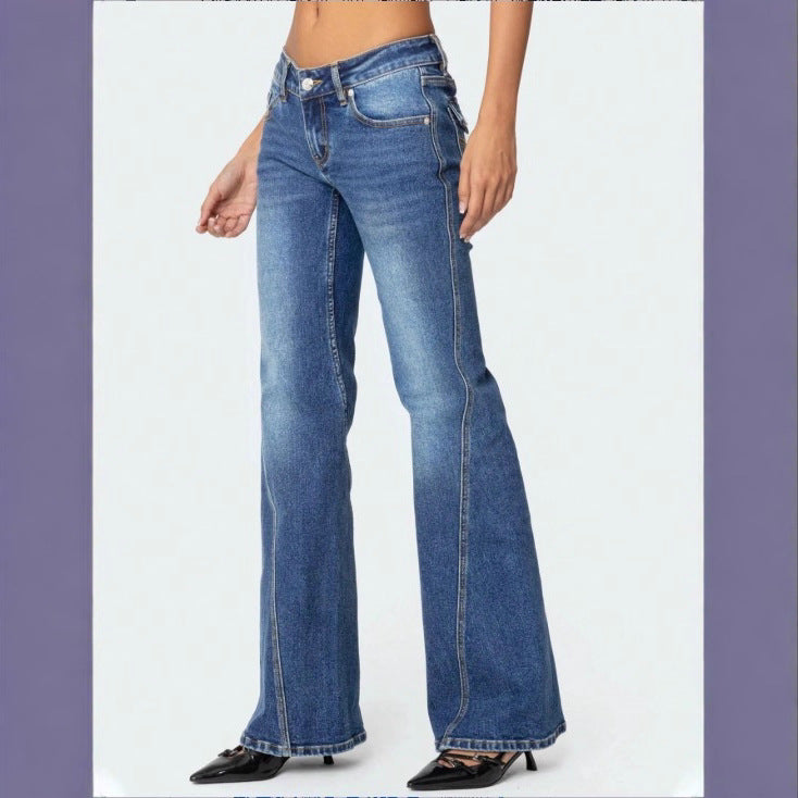 Ladies High-Waisted Vintage Flared Jeans with Slim Hip Section and Vertical Seam Fashion Glam