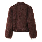 Women Short Cut Shaggy Faux Fur Cardigan with Ribbed Collar and Button Placket Fashion Glam