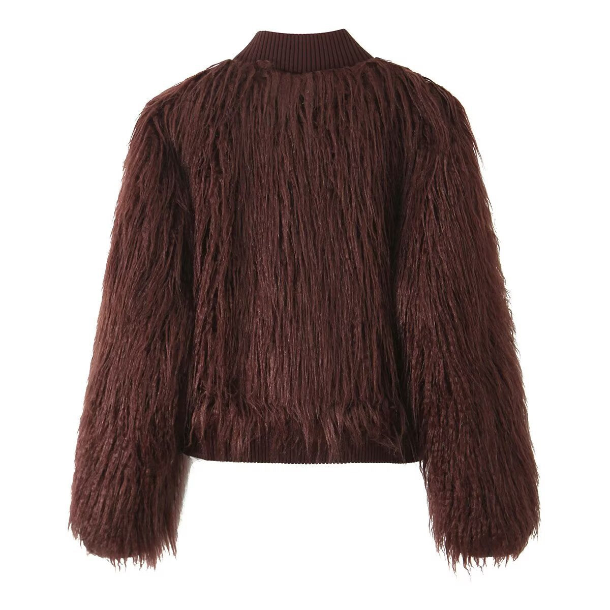Women Short Cut Shaggy Faux Fur Cardigan with Ribbed Collar and Button Placket Fashion Glam