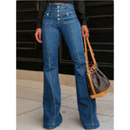 Ladies High-Waisted Flared Jeans with visible center seam, button closure, and patch front pockets Fashion Glam