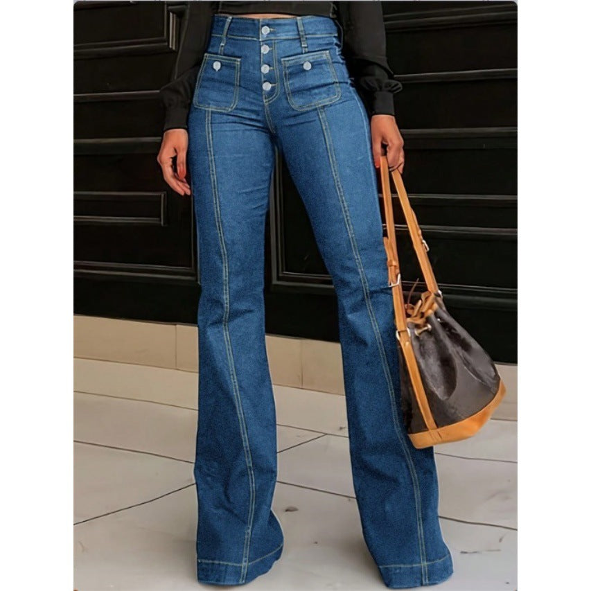 Ladies High-Waisted Flared Jeans with visible center seam, button closure, and patch front pockets Fashion Glam
