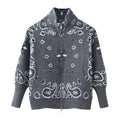 Women's chunky knit zip cardigan with stand-up collar and paisley jacquard Fashion Glam