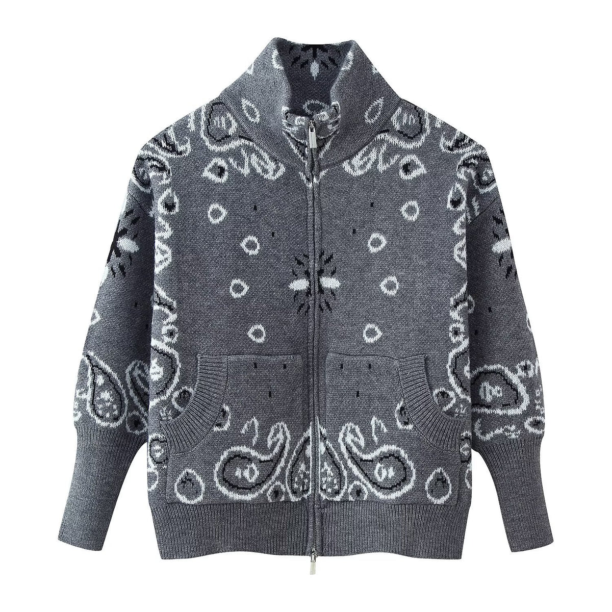 Women's chunky knit zip cardigan with stand-up collar and paisley jacquard Fashion Glam