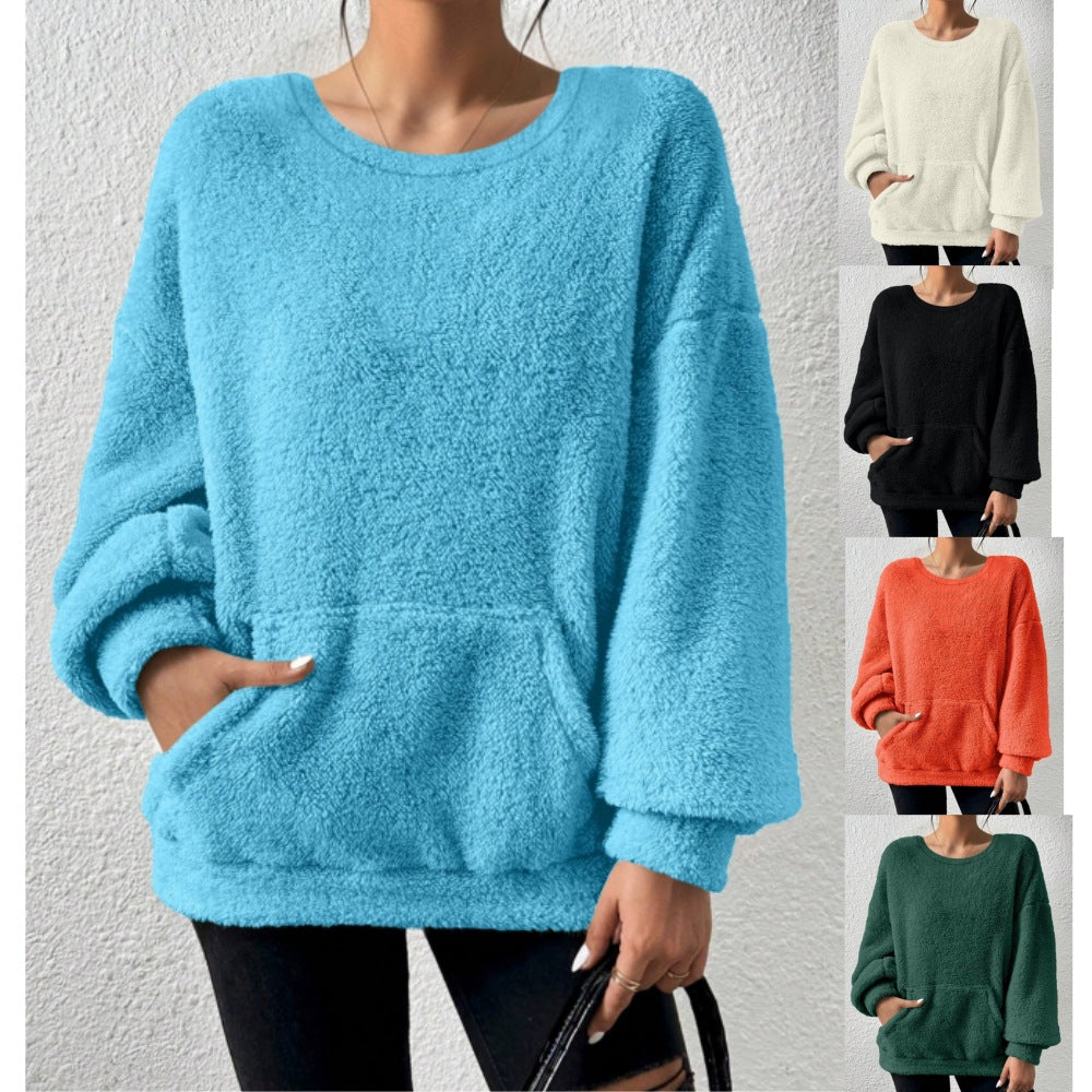 Ladies Cozy Oversized Sherpa Sweater with Kangaroo Pocket and Balloon Sleeves Fashion Glam