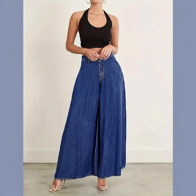 Women Extra Wide High-Waist Denim Palazzo Pants with Flowing A-Line Fall Fashion Glam