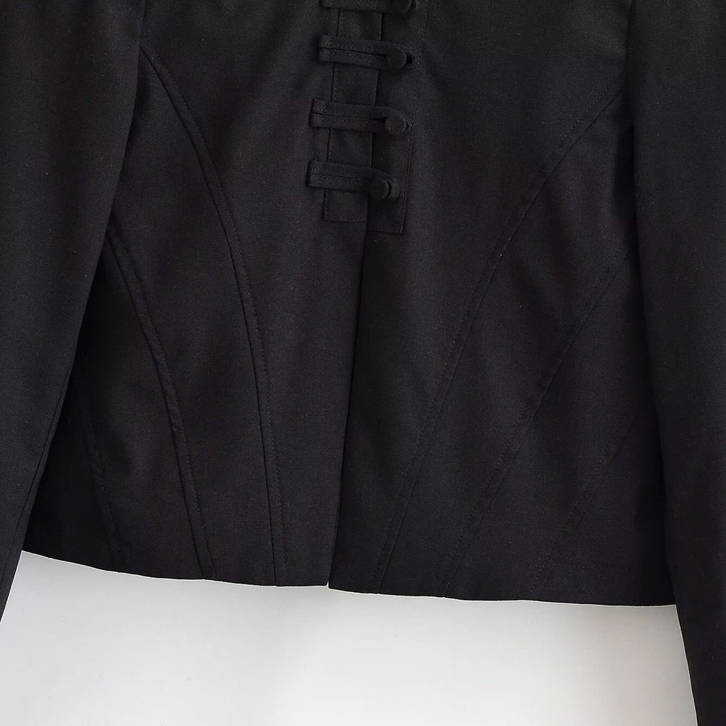 Women short fitted jacket with stand-up collar and decorative loop tape Fashion Glam