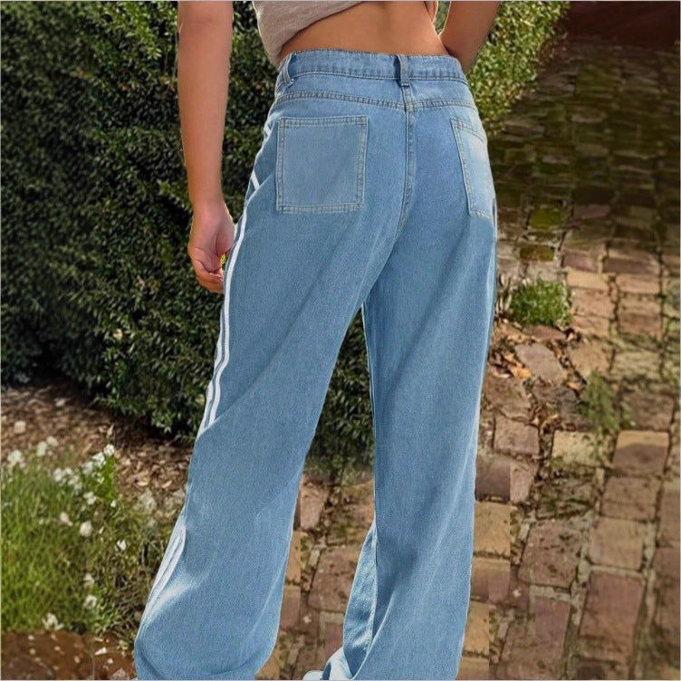 Women's wide High-Waist denim jeans with side contrast stripe Fashion Glam