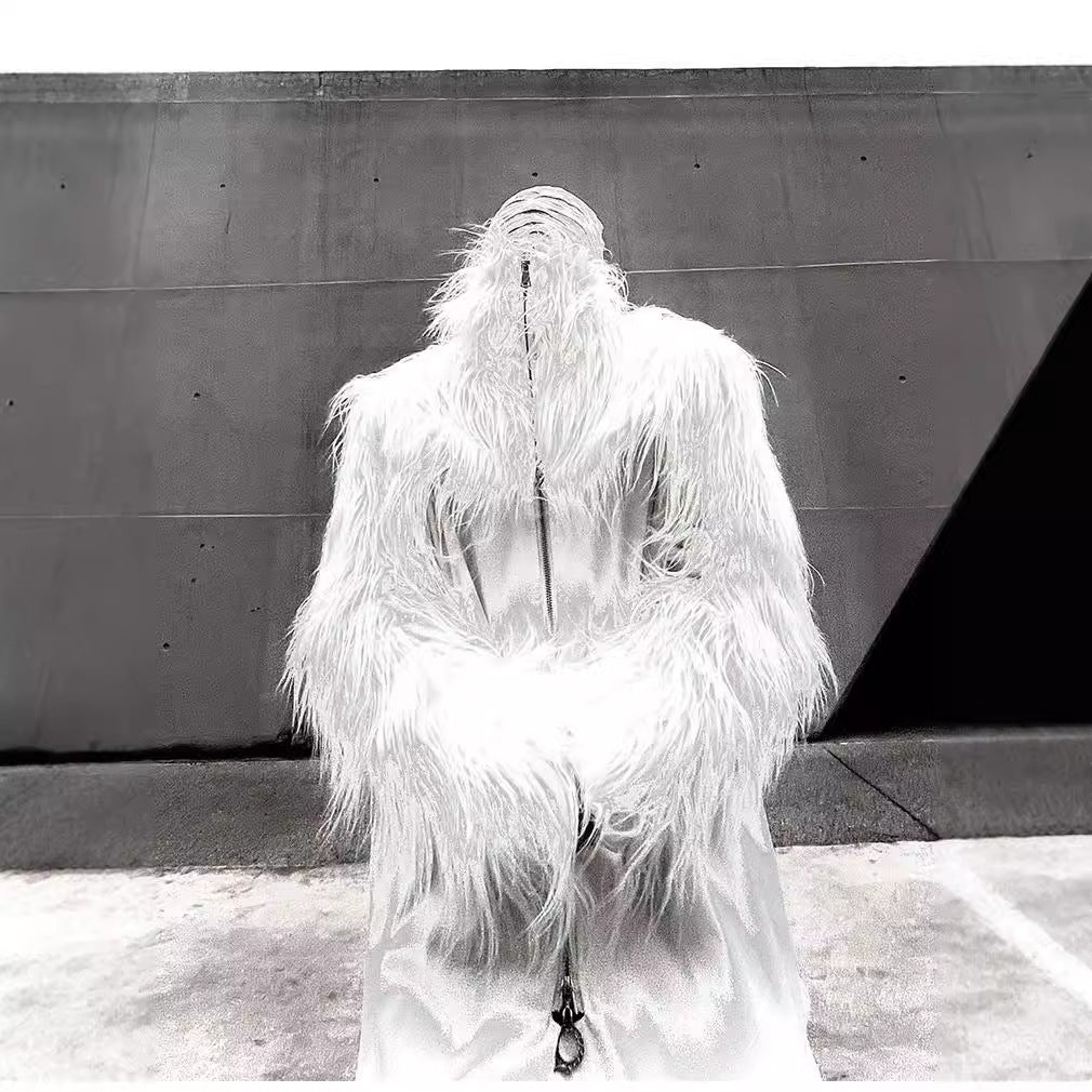Men's Statement Faux Fur Jacket with Long Shaggy Sleeves and Asymmetrical Zipper Fashion Glam