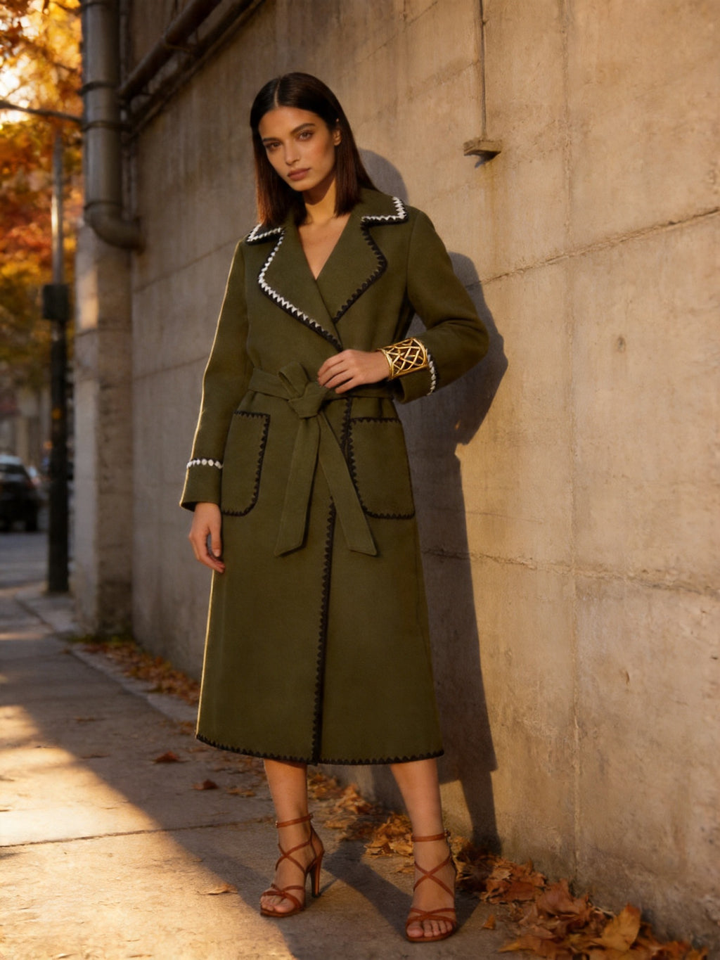 Women Tailored Wrap Coat made of Wool Blend with Decorative Wave Trim and Tied Belt Fashion Glam