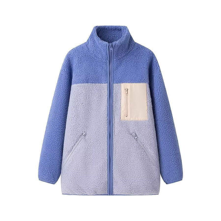 Women Oversize Teddy Fleece Jacket with Standing Collar, Full Zip and Nylon Chest Pocket Fashion Glam