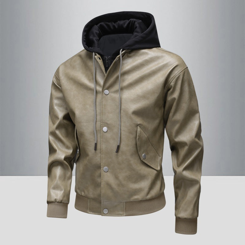 Men's leather bomber jacket with integrated hood insert and ribbed cuffs Fashion Glam