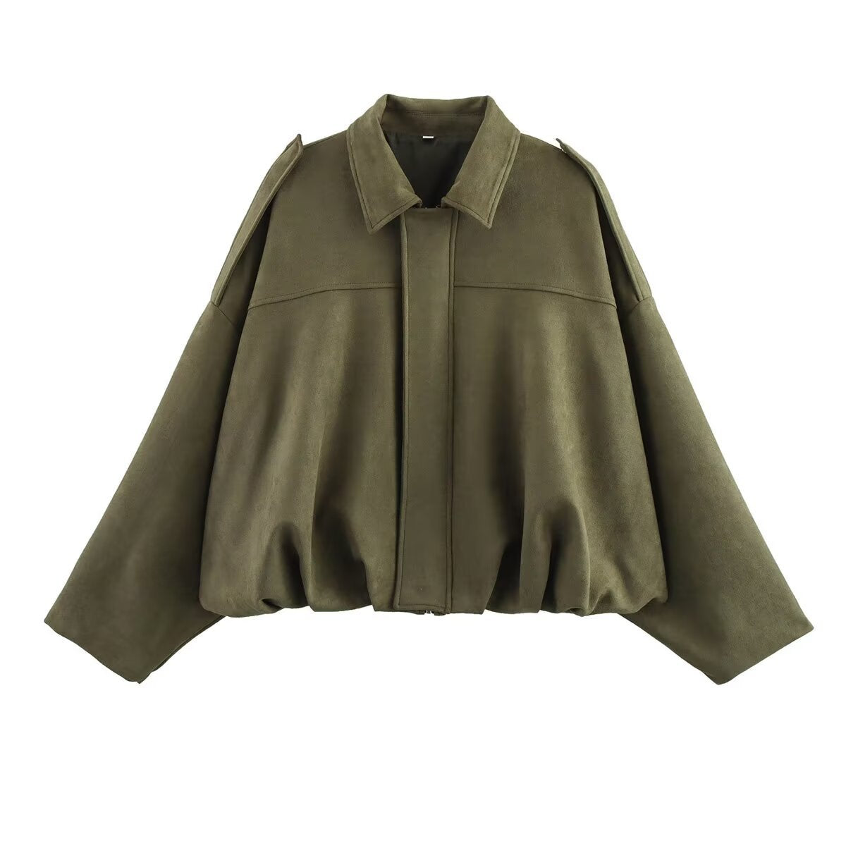 Women's short-cut bomber jacket in suede look with dropped shoulders, epaulettes, and elastic hem Fashion Glam