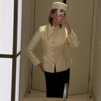 Women Tailored Mandarin Blazer with Frog Buttons and Shaping Darts Fashion Glam