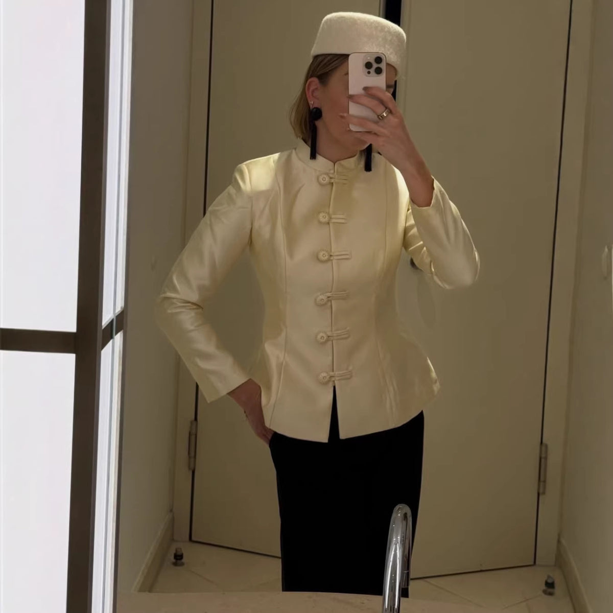 Women Tailored Mandarin Blazer with Frog Buttons and Shaping Darts Fashion Glam