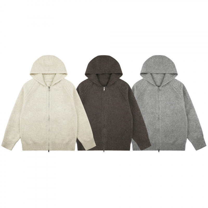 Unisex Wide-Cut Hooded Knit Cardigan with Full Zip and Raglan Sleeves Fashion Glam