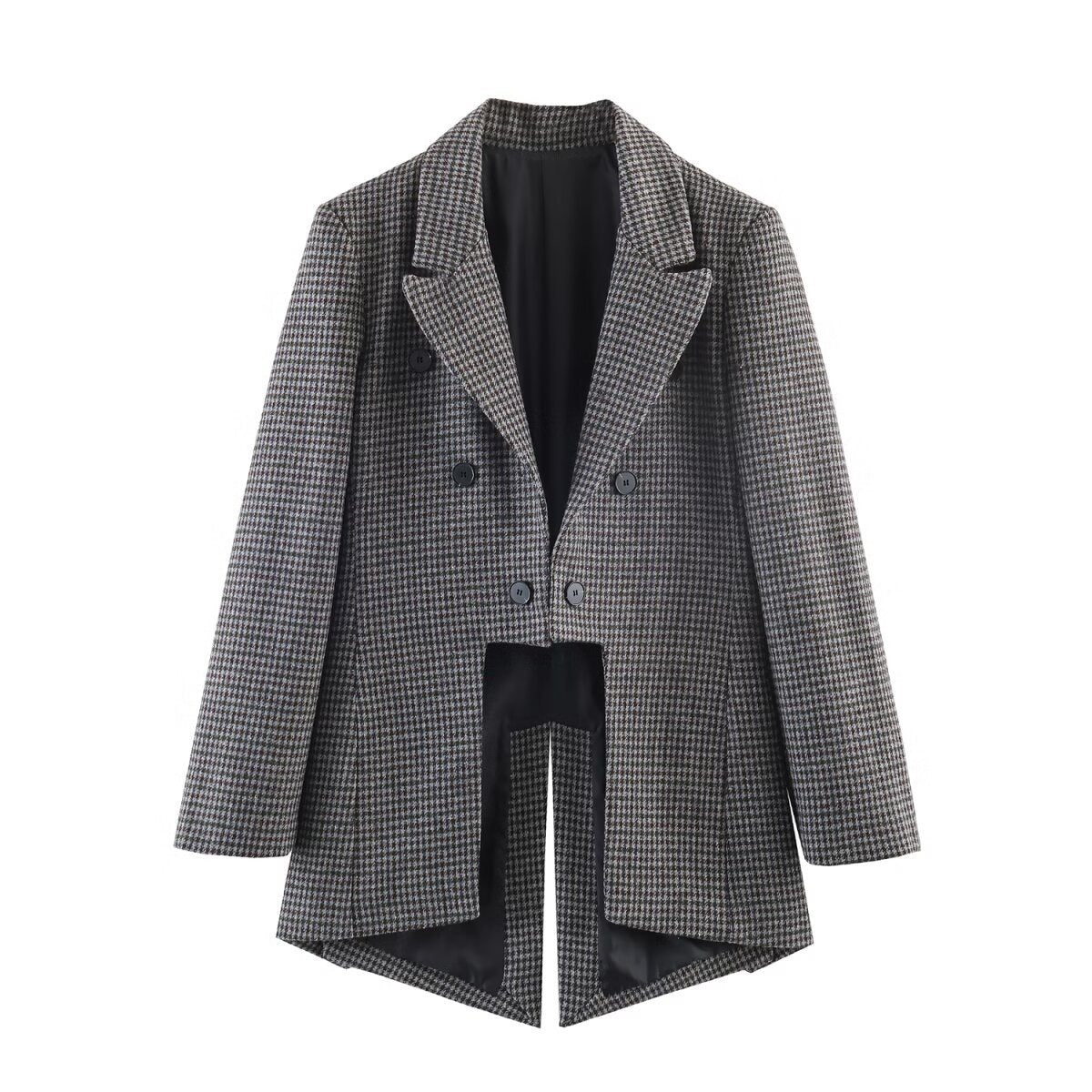 Women Double-breasted Houndstooth Blazer with Cutaway Hem and Vent Fashion Glam