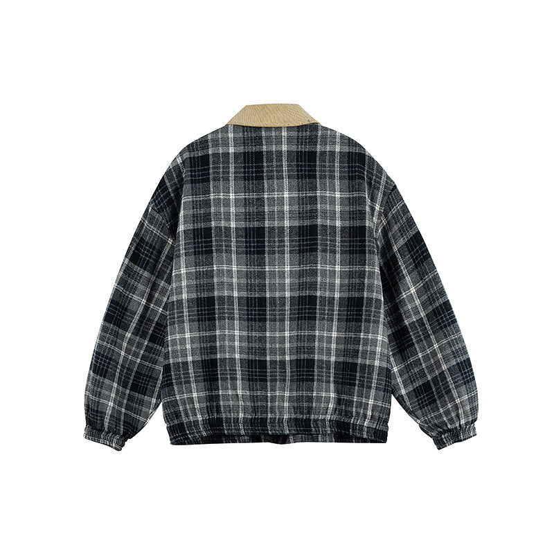 Unisex Checkered Boxy Over Shirt Jacket with Corduroy Collar, Concealed Zipper and Patch Flap Pockets Fashion Glam