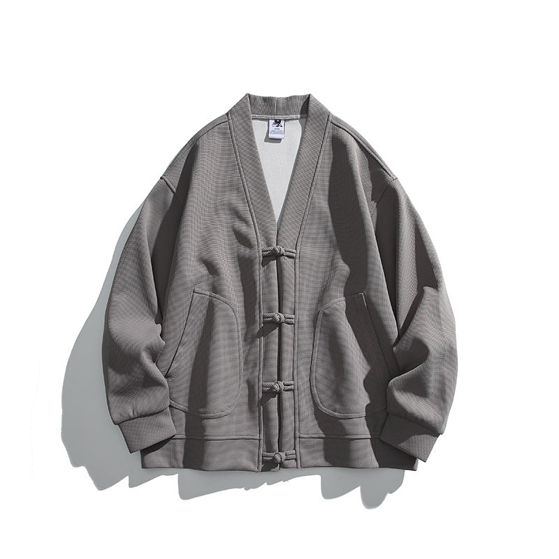 Men's loose-fitting kimono jacket in Hanfu style with drawstring closures and patch pockets Fashion Glam