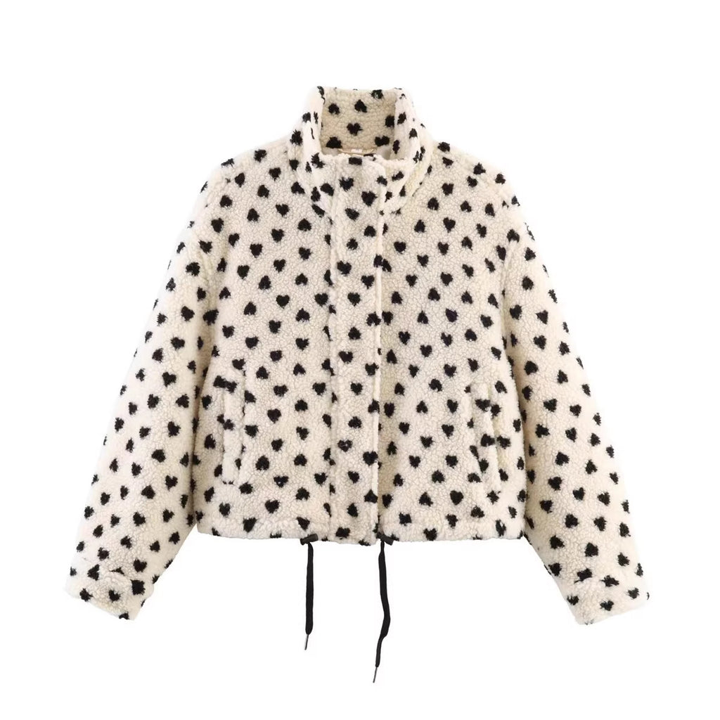 Women's Lined Teddy Jacket with Heart All-Over, Stand Collar and Drawstring Fashion Glam
