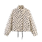 Women's Lined Teddy Jacket with Heart All-Over, Stand Collar and Drawstring Fashion Glam