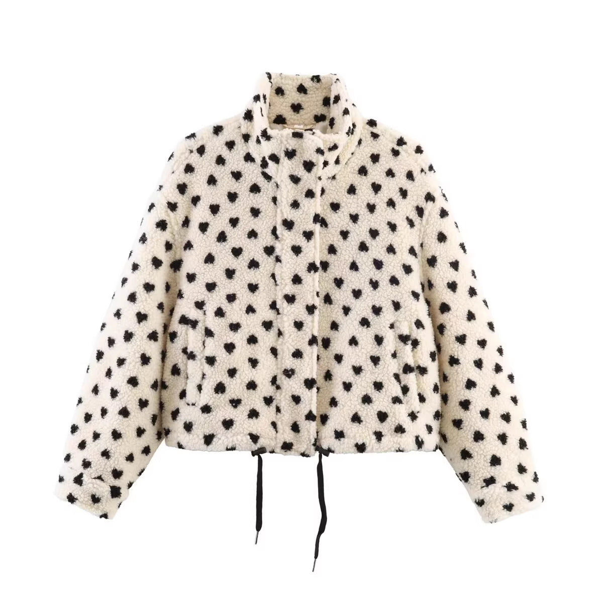 Women's Lined Teddy Jacket with Heart All-Over, Stand Collar and Drawstring Fashion Glam