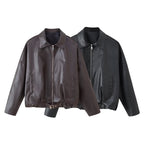 Unisex Oversize Faux Leather Jacket with Zip Shirt Collar and Waist Belt Fashion Glam