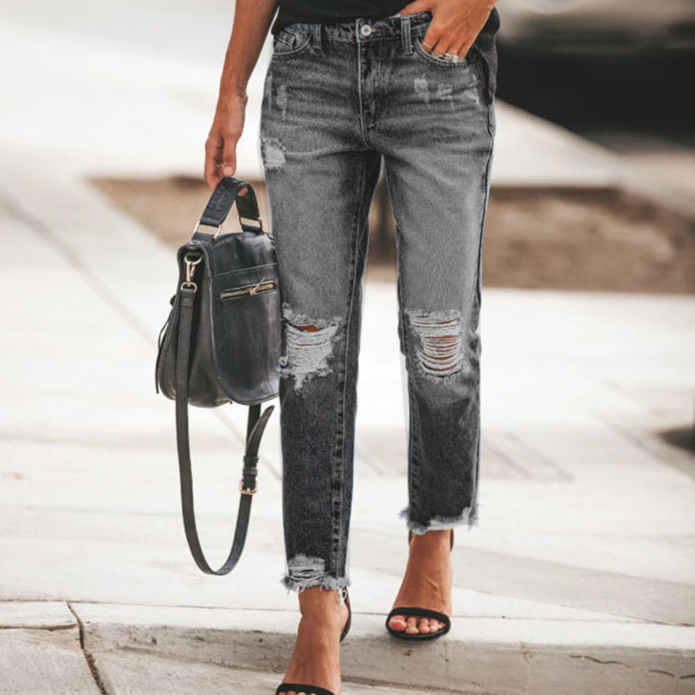 Women's Ripped Denim Jeans with Casual Cut and Frayed Hem Fashion Glam