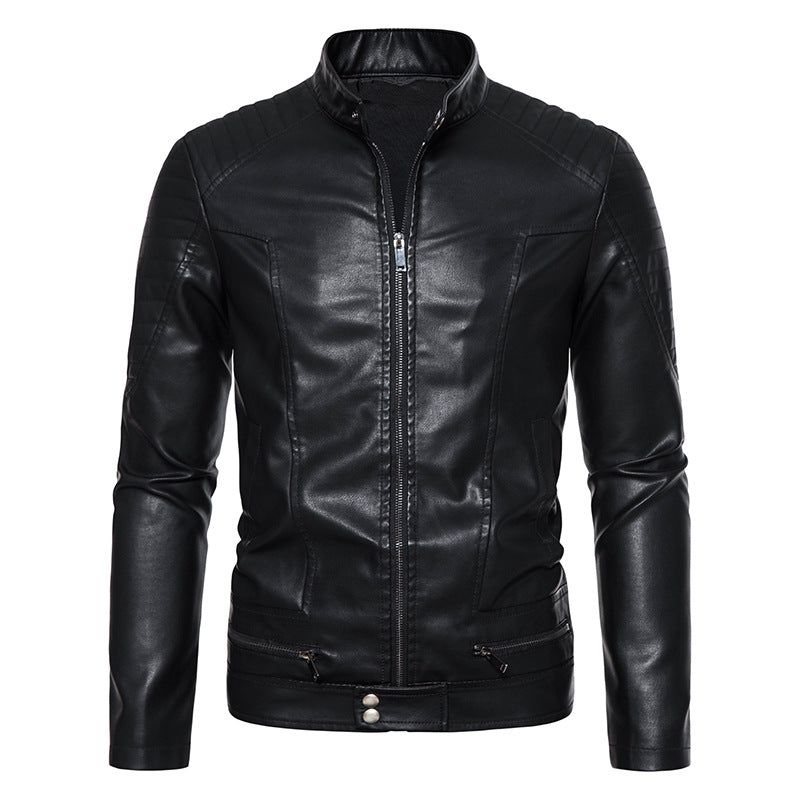 Men's Slim Biker Blouson Faux Leather Jacket with Stand Collar, Decorative Stitching and Zipper Pockets Fashion Glam