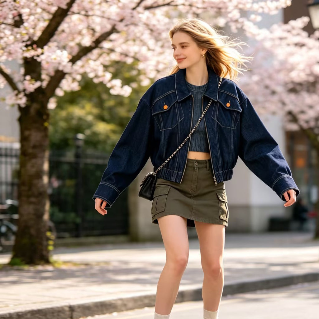 Women's bomber style jeans jacket with zipper and elastic hem Fashion Glam