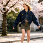 Women's bomber style jeans jacket with zipper and elastic hem Fashion Glam