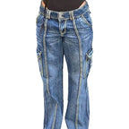 Women's high-waisted cargo jeans with vertical decorative seams and wide leg Fashion Glam