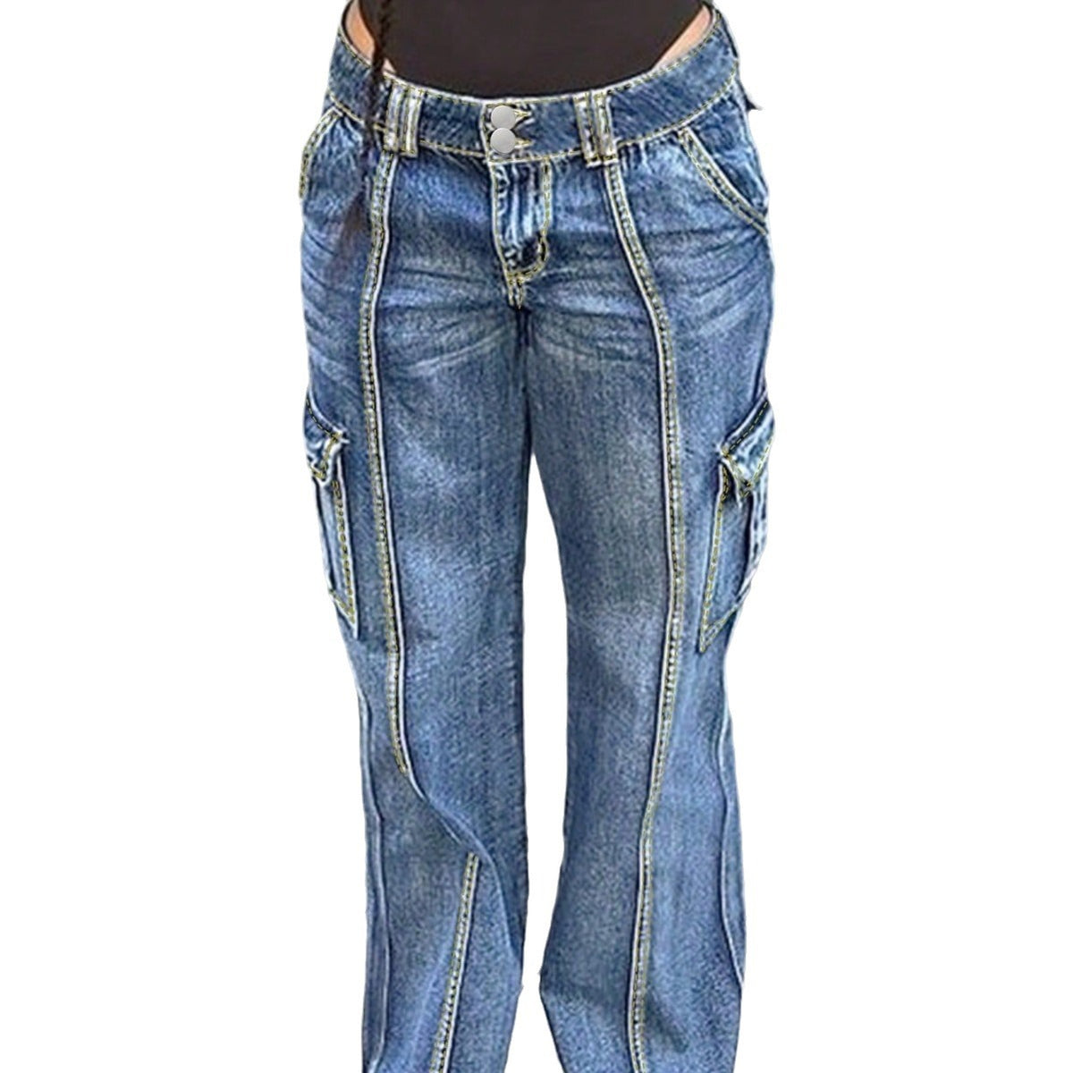 Women's high-waisted cargo jeans with vertical decorative seams and wide leg Fashion Glam