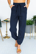 Women's Lightweight Linen Jogger Pants with Drawstring, Patch Pockets, and Elastic Cuffs Fashion Glam