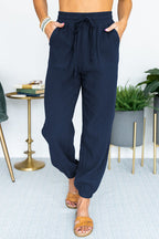 Women's Lightweight Linen Jogger Pants with Drawstring, Patch Pockets, and Elastic Cuffs Fashion Glam