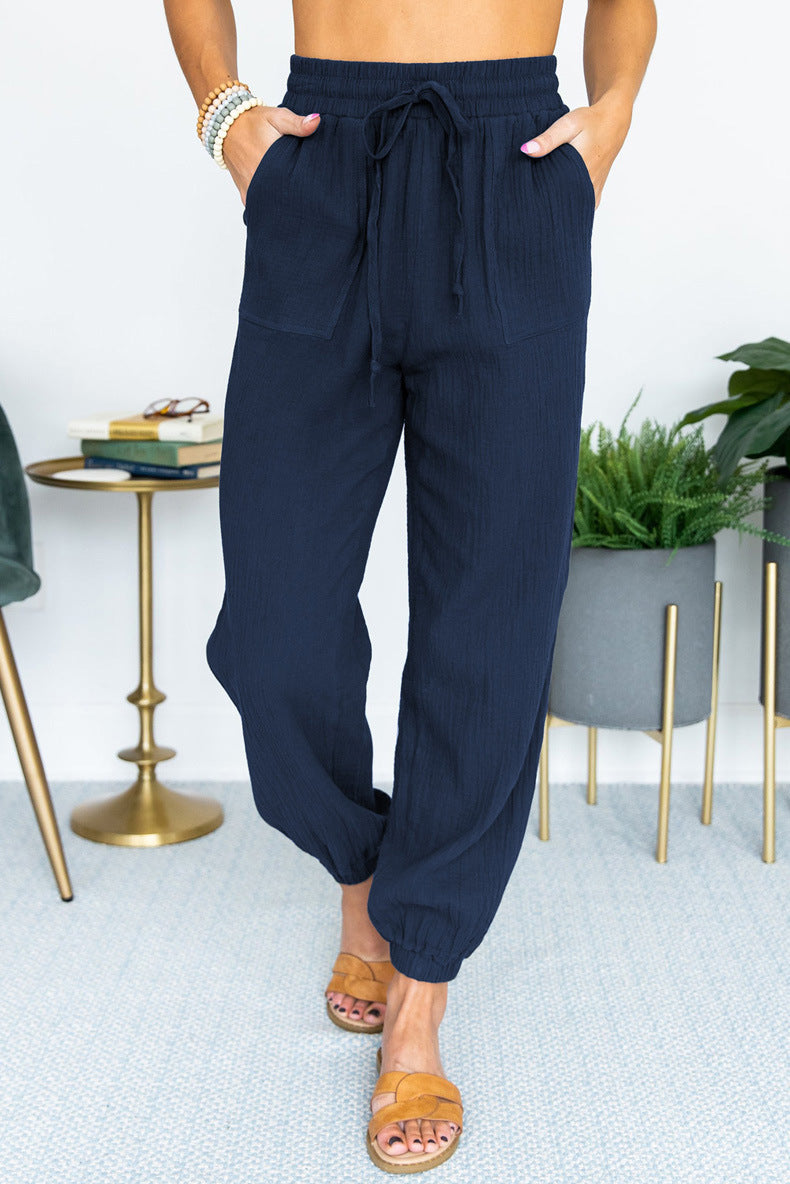 Women's Lightweight Linen Jogger Pants with Drawstring, Patch Pockets, and Elastic Cuffs Fashion Glam