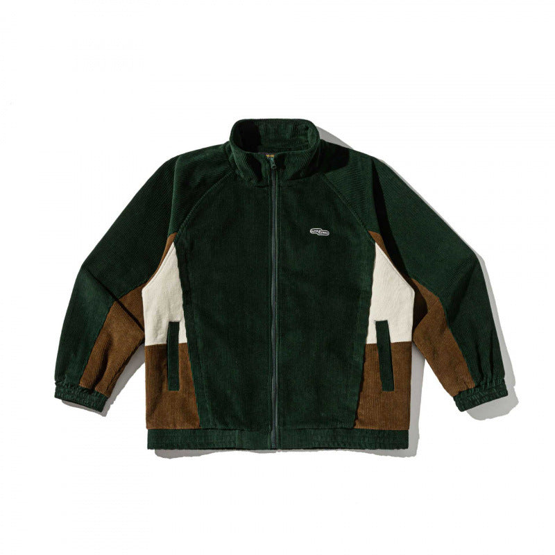 Unisex Boxy Cord Fleece Zip Jacket with Color Block Inserts and Stand Collar Fashion Glam