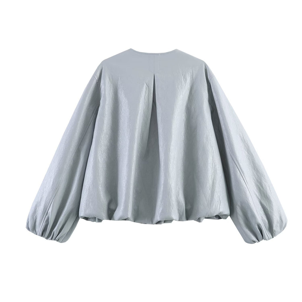 Women Oversize Faux Leather Jacket with Round Neck, Gathered Yoke and Balloon Sleeves Fashion Glam