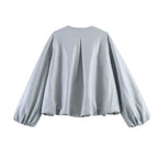 Women Oversize Faux Leather Jacket with Round Neck, Gathered Yoke and Balloon Sleeves Fashion Glam