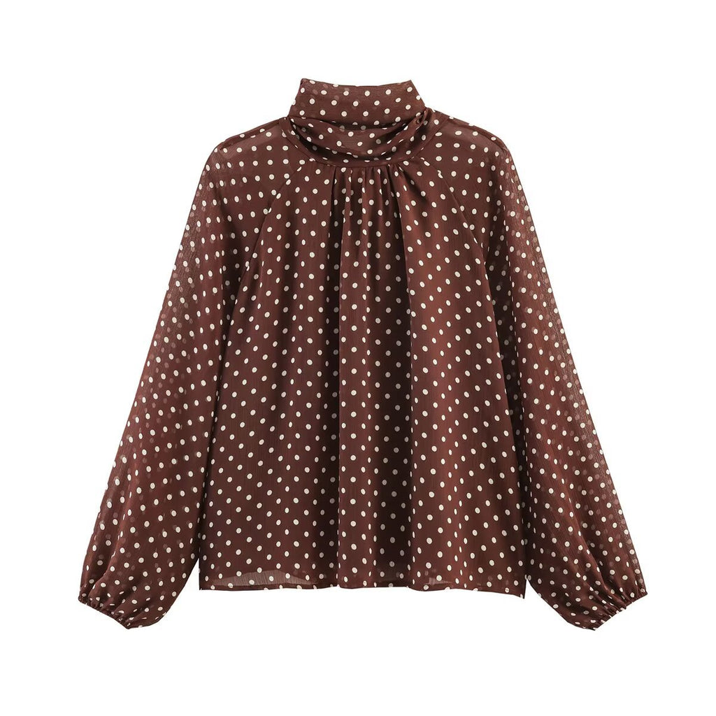 Women Loose Blouse with High Stand Collar, Balloon Sleeves and Polka Dot Print Fashion Glam
