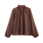 Women Loose Blouse with High Stand Collar, Balloon Sleeves and Polka Dot Print Fashion Glam