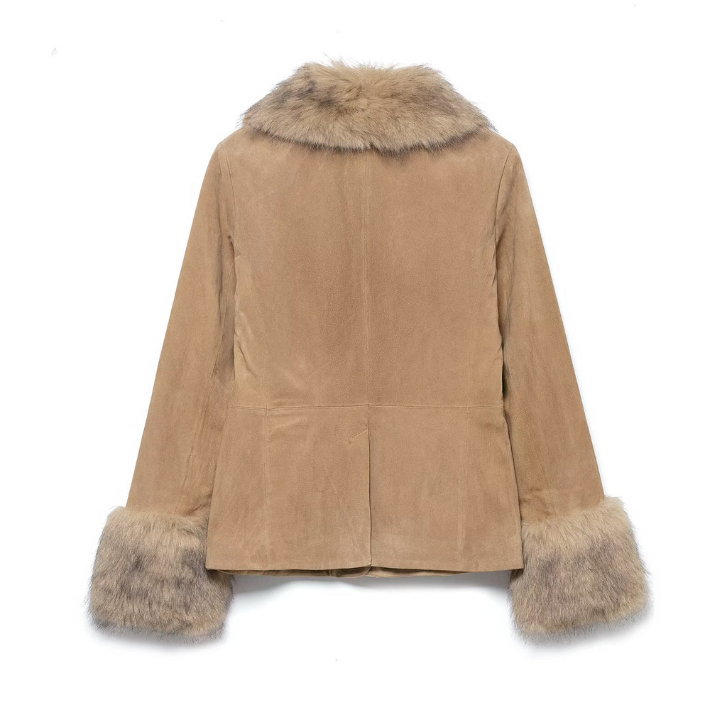 Women's short suede jacket with voluminous fur collar and wide fur cuffs Fashion Glam