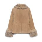 Women's short suede jacket with voluminous fur collar and wide fur cuffs Fashion Glam